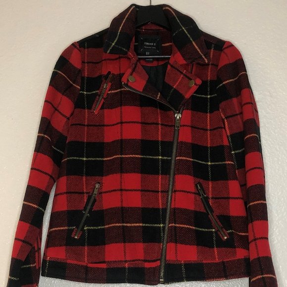 Forever 21 Premium Label Wool-Blend Buffalo Plaid Moto Zip-Up Jacket - Picture 2 of 8